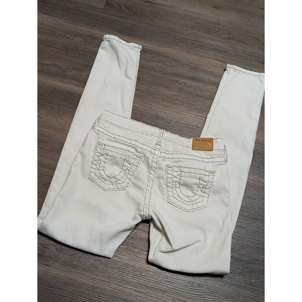True Religion Halle Mid Rise Super Skinny White Big T Stitch Jeans Womens 24